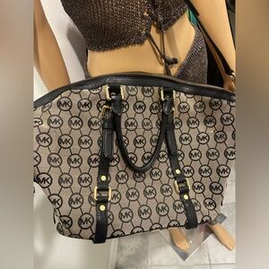 Michael Kors Beige and Black MK Logo with Gold Hardware Bedford monogram bag